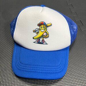 Blue & White Mesh Baseball Cap With Cartoon Banana Player Graphic Adjustable Sna